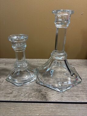 Vtg Homco Clear Glass Column Candlesticks One 6.25" Tall & One 4" tall 1970's